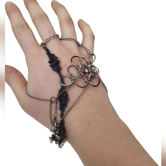 Gothic Metal Bracelet with Finger Ring Chain Braided Mesh Punk Chainmail - Picture 1 of 3